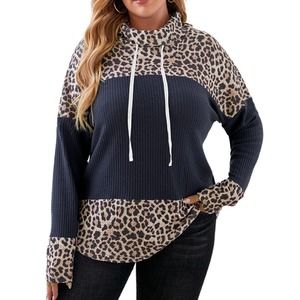 BLACK BROWN LEOPARD PRINT COLOR BLOCK COWL NECK SWEATER SIZE 1X